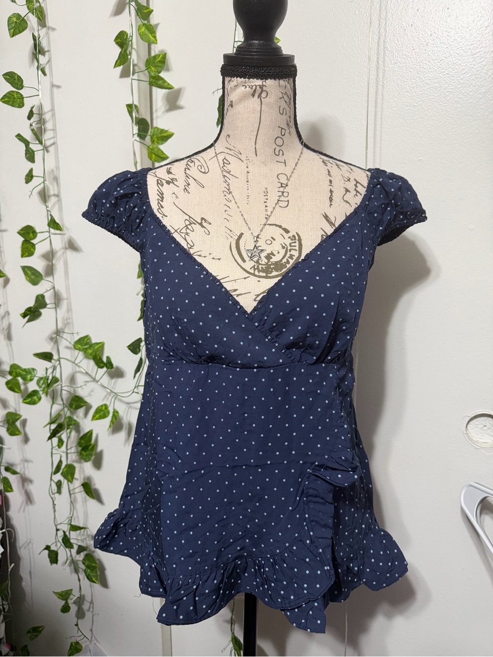 Navy Polka Dot Ruffle V-Neck Peplum Blouse